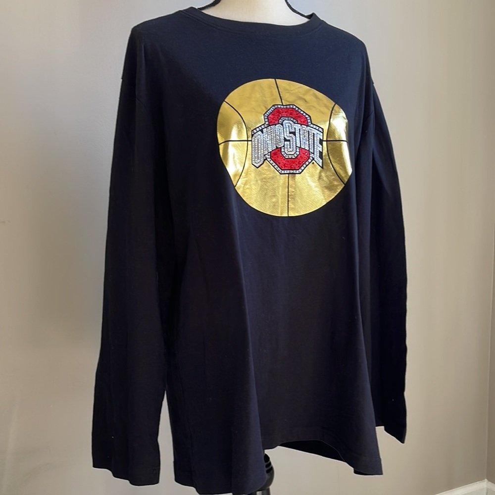 The Ohio State U.  Metallic Print Gold  Basketball Long Sleeve  Black Tee